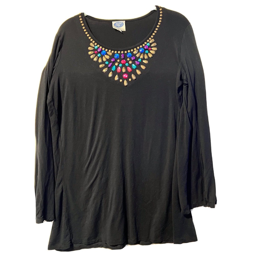 Diane Gilman DG2 HSN Beaded Black Rayon Tunic Multicolor Gemstones size Large